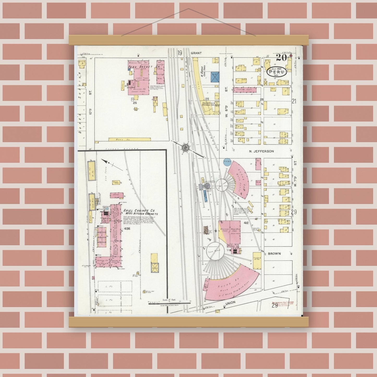 Old map wall art mockup — magnetic wood frame on brick wall — Sanborn Fire Insurance Map from Peru, Miami County, Indiana (1920), Sheet #0020
