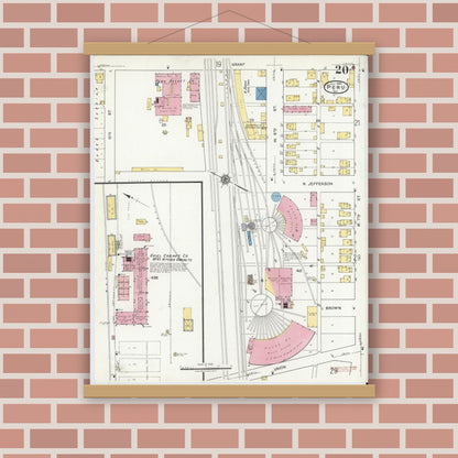 Old map wall art mockup — magnetic wood frame on brick wall — Sanborn Fire Insurance Map from Peru, Miami County, Indiana (1920), Sheet #0020