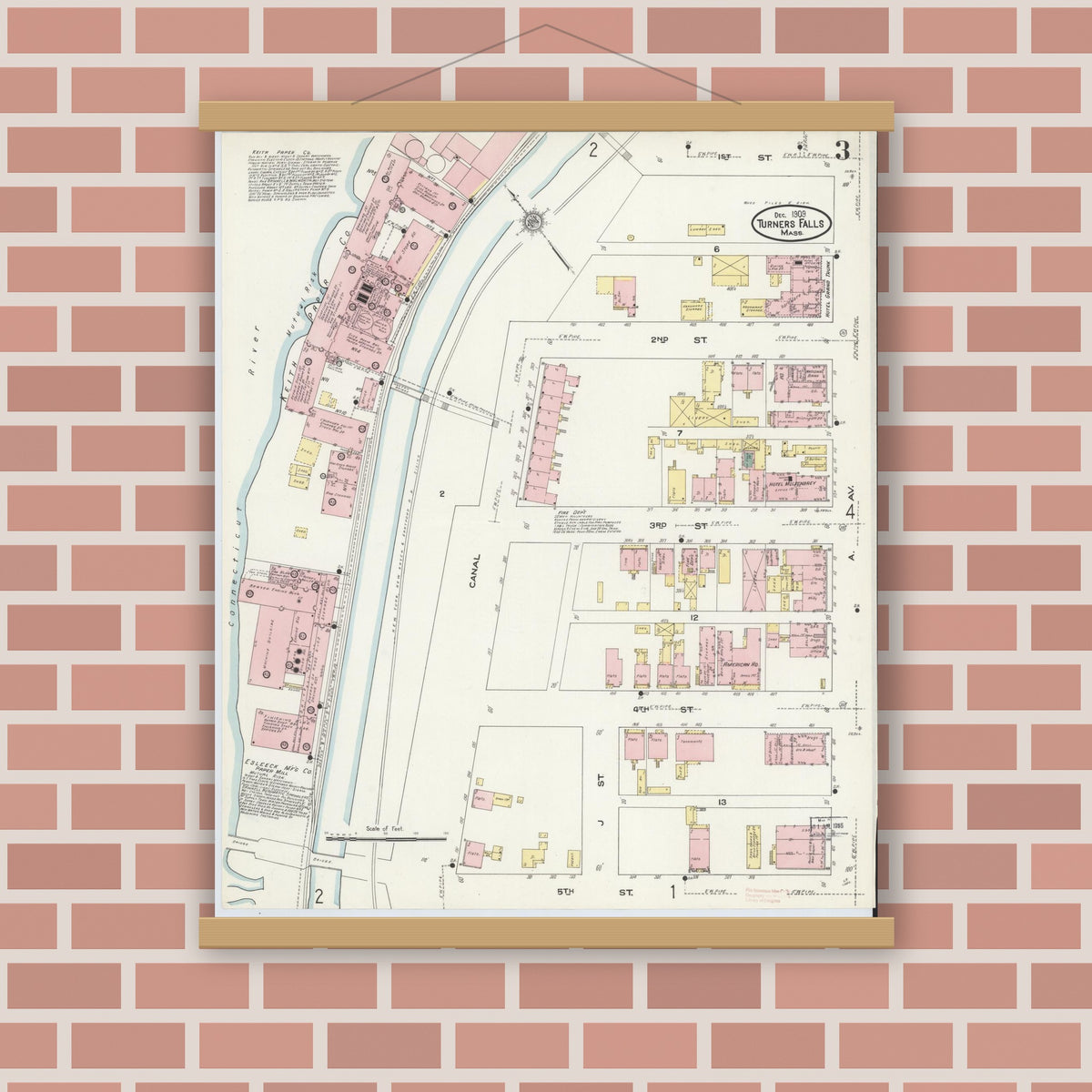Old map wall art mockup — magnetic wood frame on brick wall — Sanborn Fire Insurance Map from Turners Falls, Franklin County, Massachusetts (1909), Sheet #0003