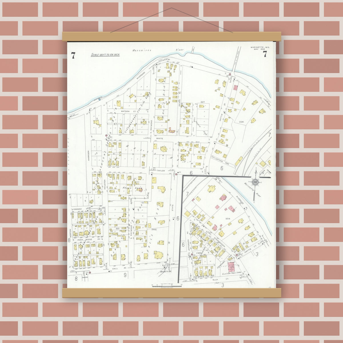 Old map wall art mockup — magnetic wood frame on brick wall — Sanborn Fire Insurance Map from Marinette, Marinette County, Wisconsin (1935), Sheet #0007