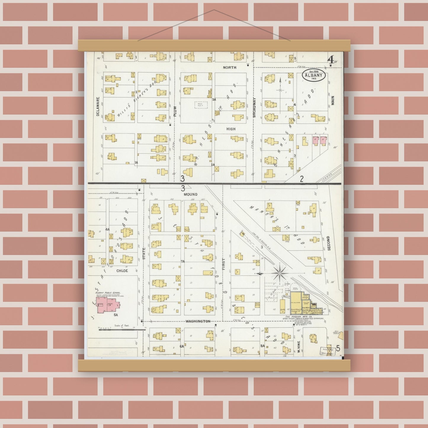 Old map wall art mockup — magnetic wood frame on brick wall — Sanborn Fire Insurance Map from Albany, Delaware County, Indiana (1899), Sheet #0004