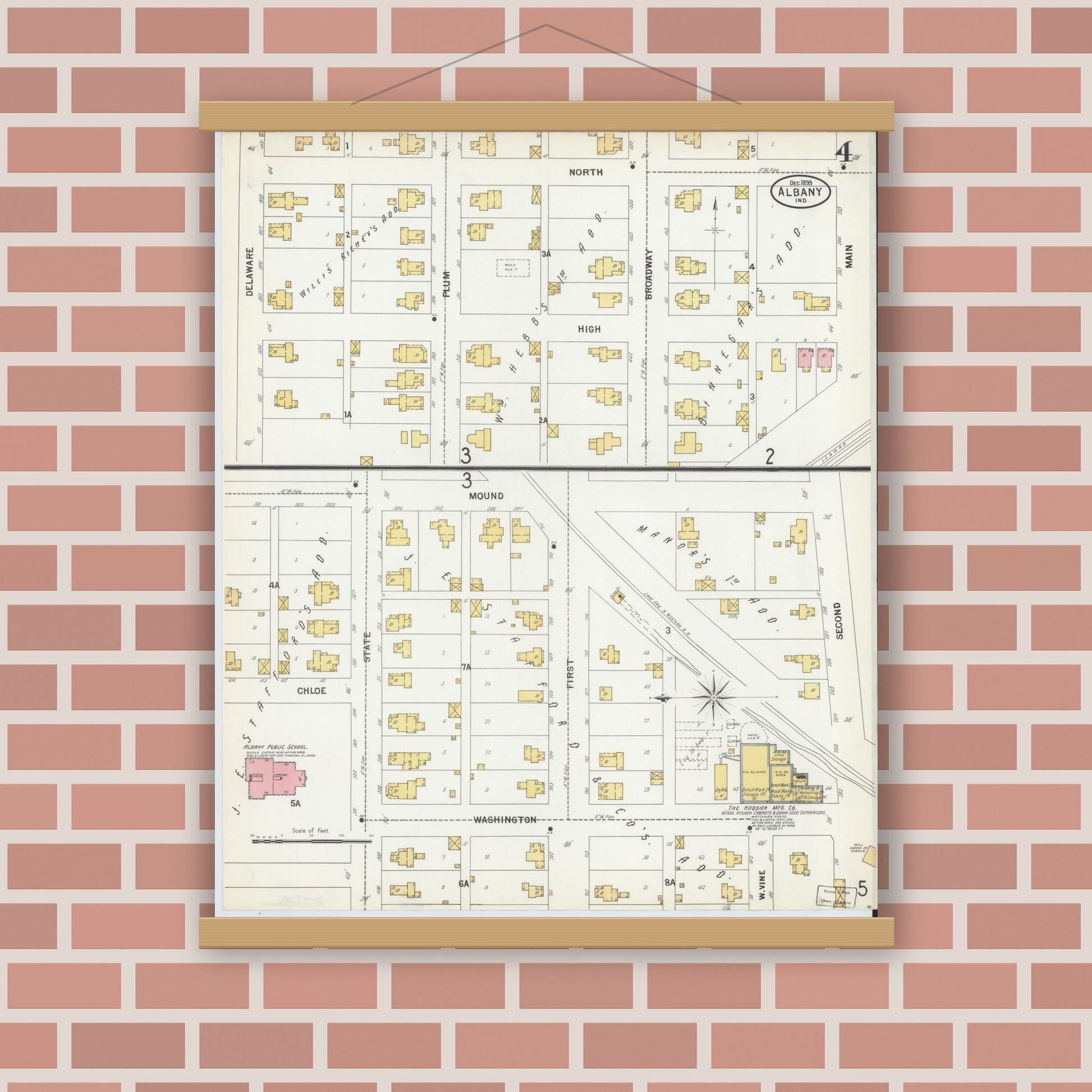 Old map wall art mockup — magnetic wood frame on brick wall — Sanborn Fire Insurance Map from Albany, Delaware County, Indiana (1899), Sheet #0004
