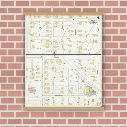 Old map wall art mockup — magnetic wood frame on brick wall — Sanborn Fire Insurance Map from Albany, Delaware County, Indiana (1899), Sheet #0004