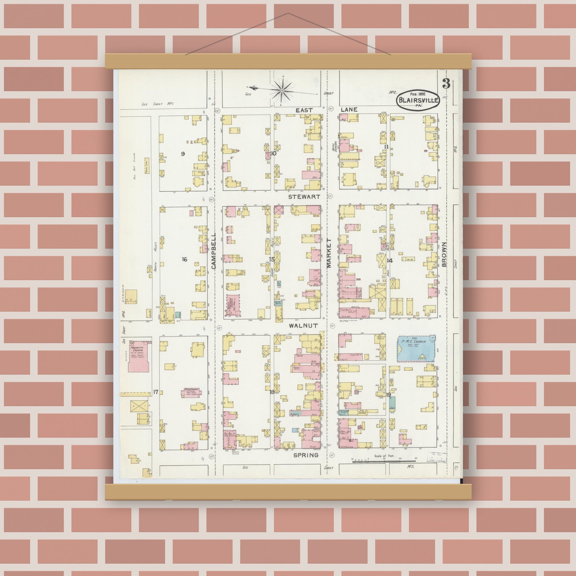 Old map wall art mockup — magnetic wood frame on brick wall — Sanborn Fire Insurance Map from Blairsville, Indiana County, Pennsylvania (1892), Sheet #0003