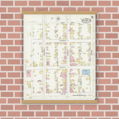 Old map wall art mockup — magnetic wood frame on brick wall — Sanborn Fire Insurance Map from Blairsville, Indiana County, Pennsylvania (1892), Sheet #0003