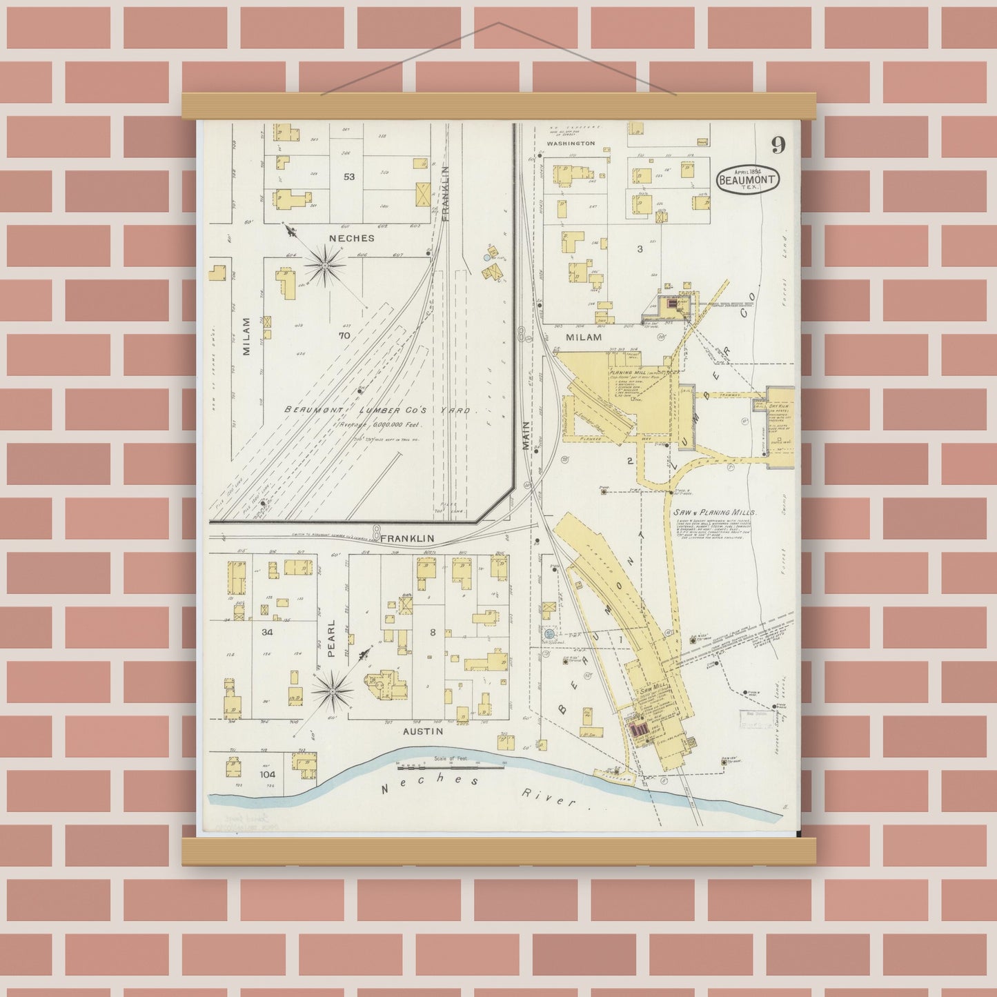 Old map wall art mockup — magnetic wood frame on brick wall — Sanborn Fire Insurance Map from Beaumont, Jefferson County, Texas (1894), Sheet #0009