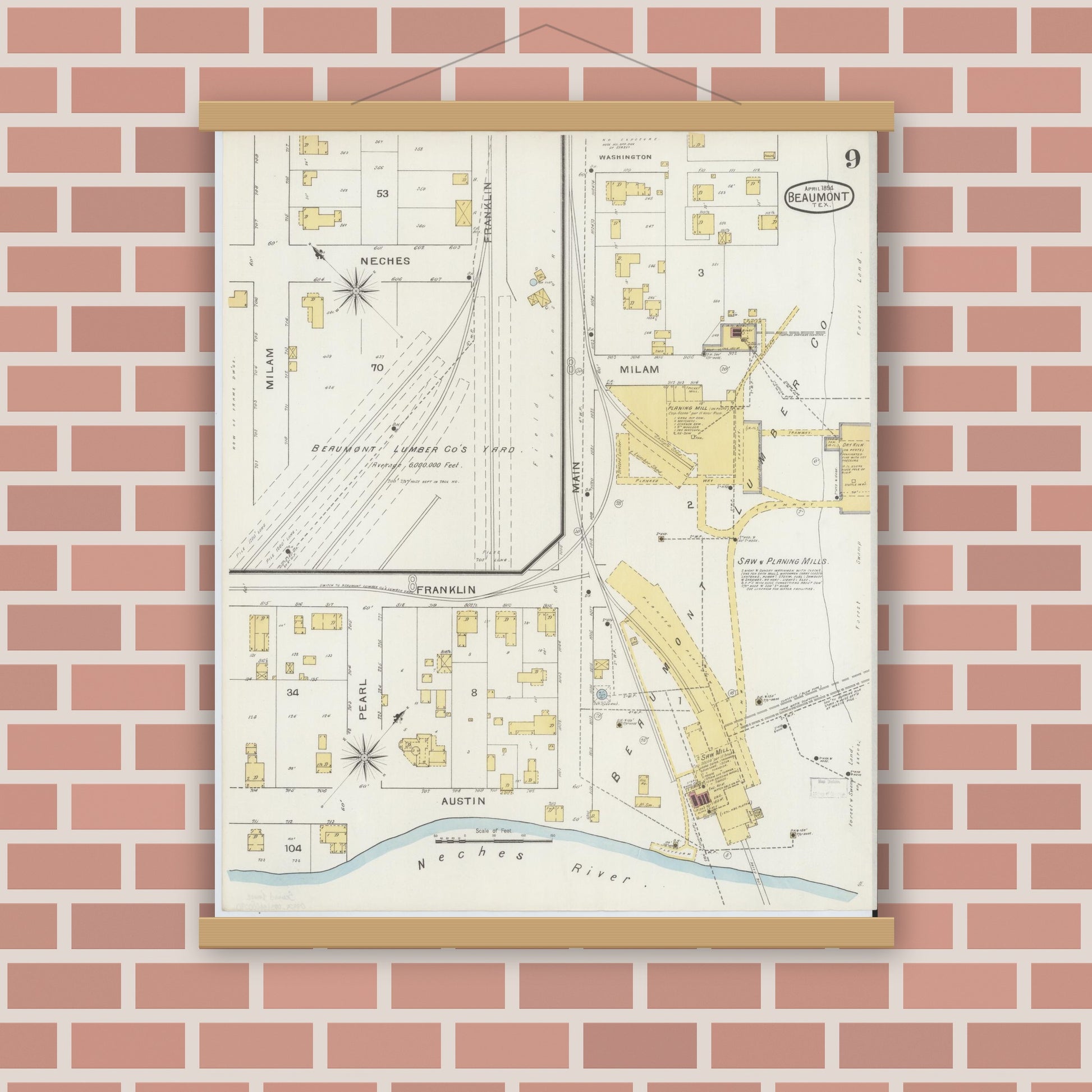 Old map wall art mockup — magnetic wood frame on brick wall — Sanborn Fire Insurance Map from Beaumont, Jefferson County, Texas (1894), Sheet #0009