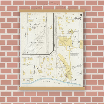 Old map wall art mockup — magnetic wood frame on brick wall — Sanborn Fire Insurance Map from Beaumont, Jefferson County, Texas (1894), Sheet #0009