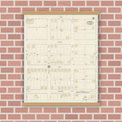 Old map wall art mockup — magnetic wood frame on brick wall — Sanborn Fire Insurance Map from Teague, Freestone County, Texas (1914), Sheet #0009