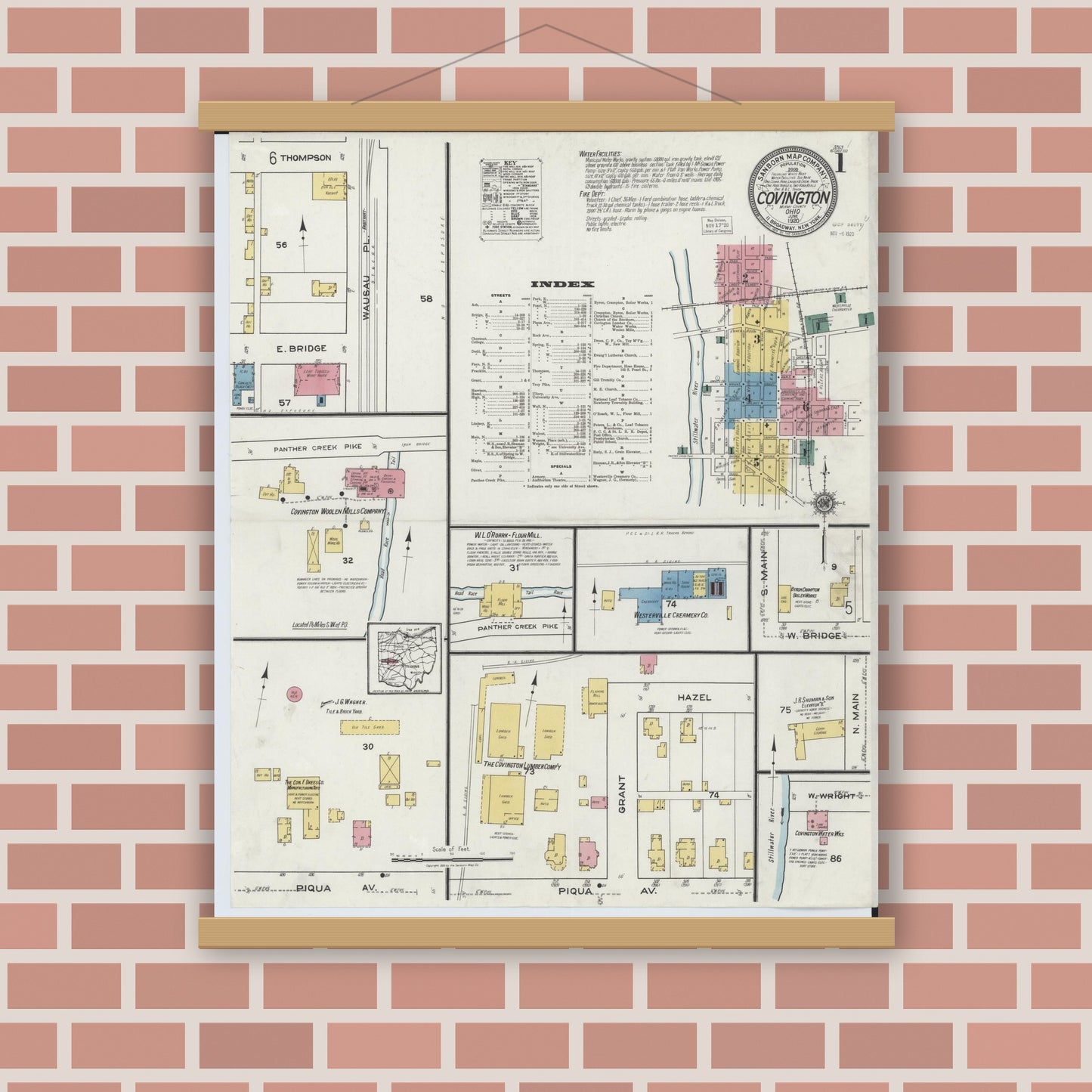 Old map wall art mockup — magnetic wood frame on brick wall — Sanborn Fire Insurance Map from Covington, Miami County, Ohio (1920), Sheet #0001