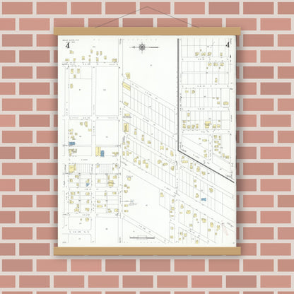 Old map wall art mockup — magnetic wood frame on brick wall — Sanborn Fire Insurance Map from Belle Glade, Palm Beach County, Florida (1942), Sheet #0004