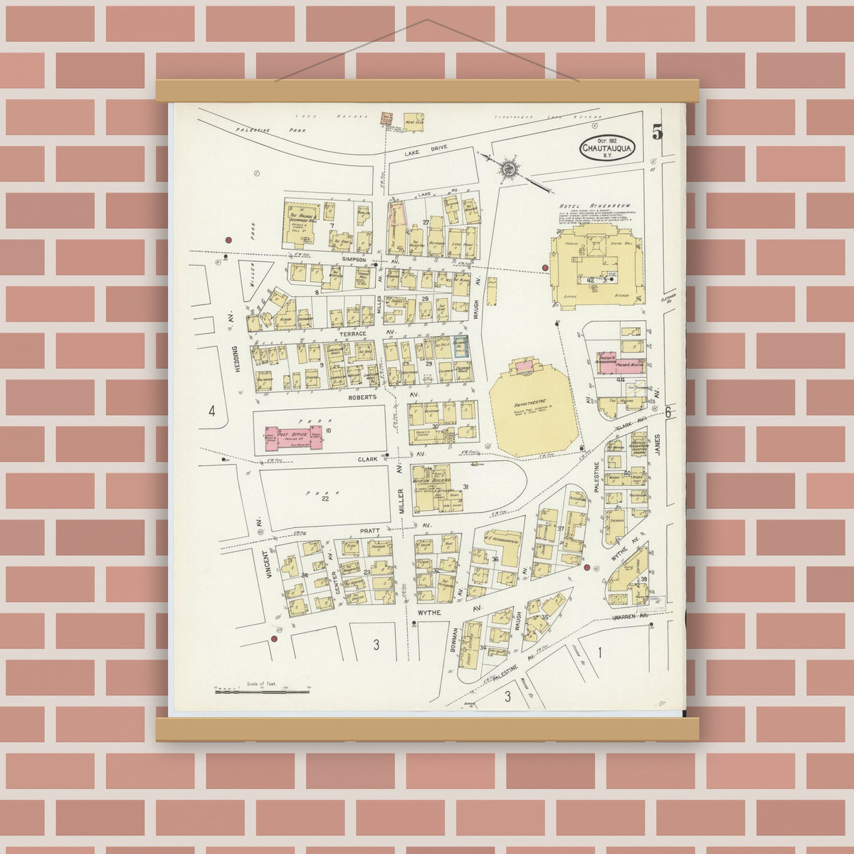Old map wall art mockup — magnetic wood frame on brick wall — Sanborn Fire Insurance Map from Chautauqua, Chautauqua County, New York (1912), Sheet #0005
