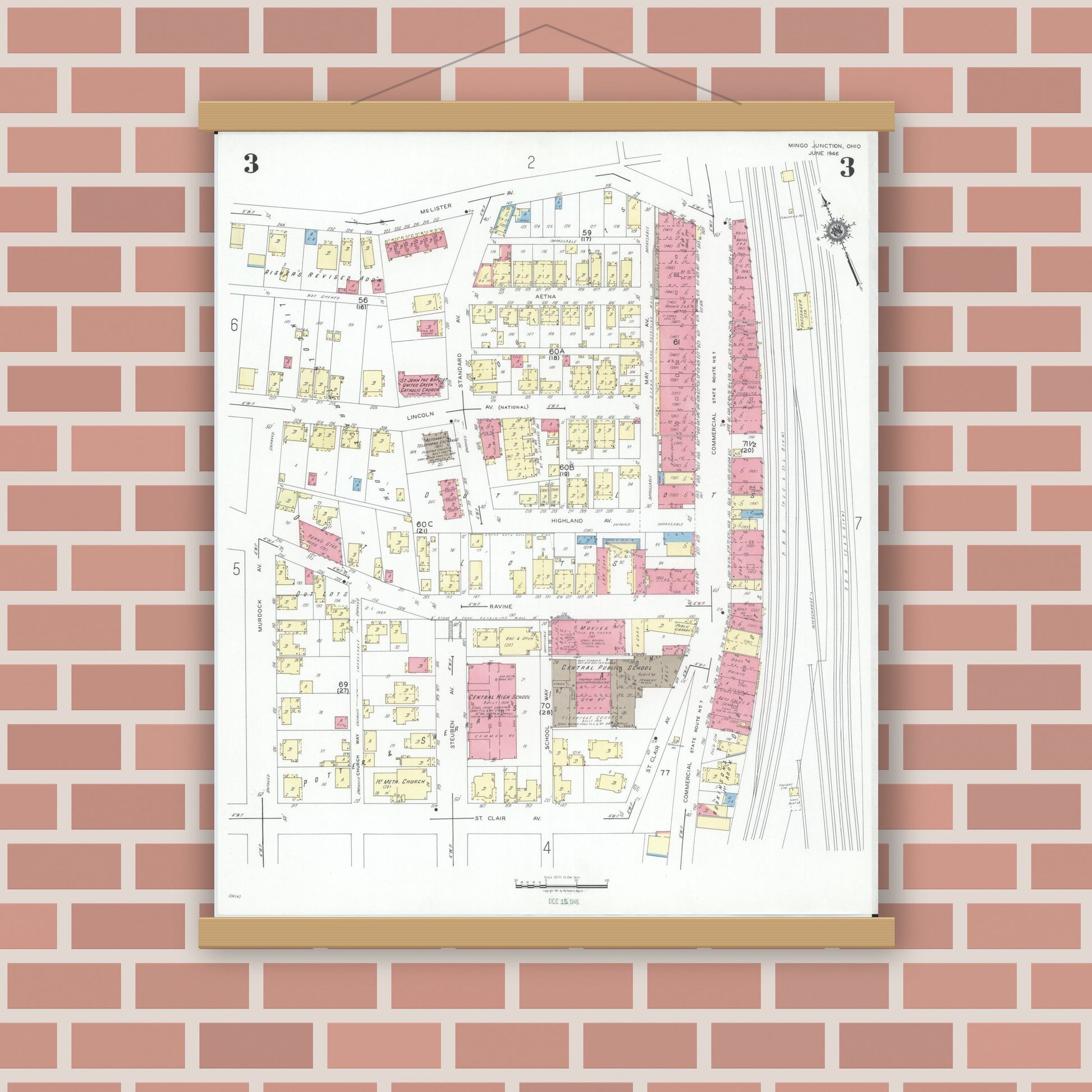Old map wall art mockup — magnetic wood frame on brick wall — Sanborn Fire Insurance Map from Mingo Junction, Jefferson County, Ohio (1946), Sheet #0003