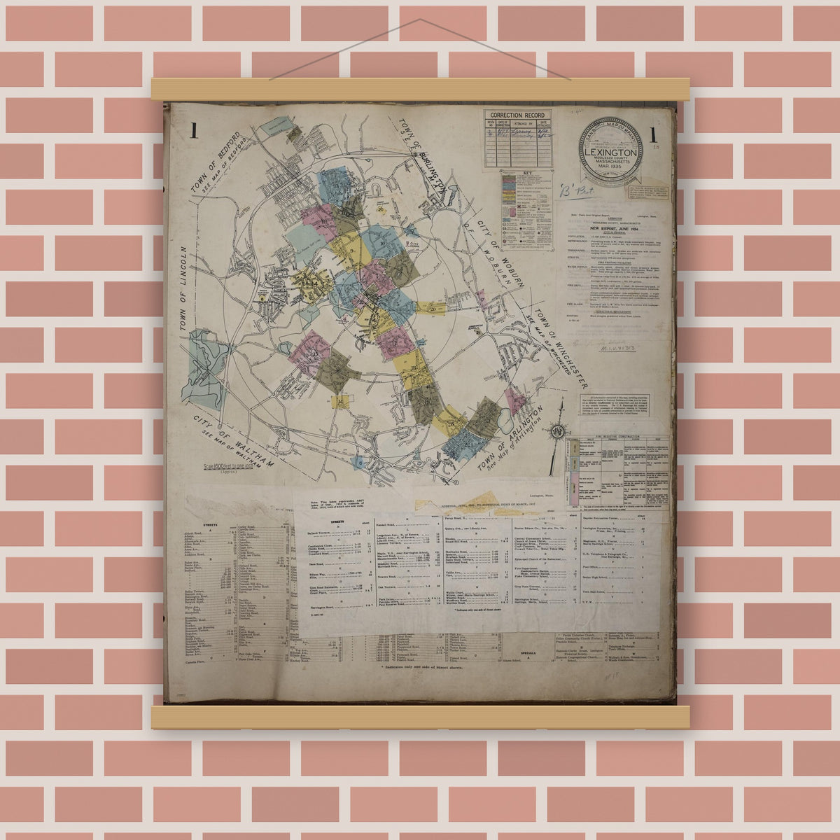 Old map wall art mockup — magnetic wood frame on brick wall — Sanborn Fire Insurance Map from Lexington, Middlesex County, Massachusetts (1961), Sheet #0001