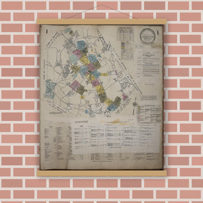 Old map wall art mockup — magnetic wood frame on brick wall — Sanborn Fire Insurance Map from Lexington, Middlesex County, Massachusetts (1961), Sheet #0001