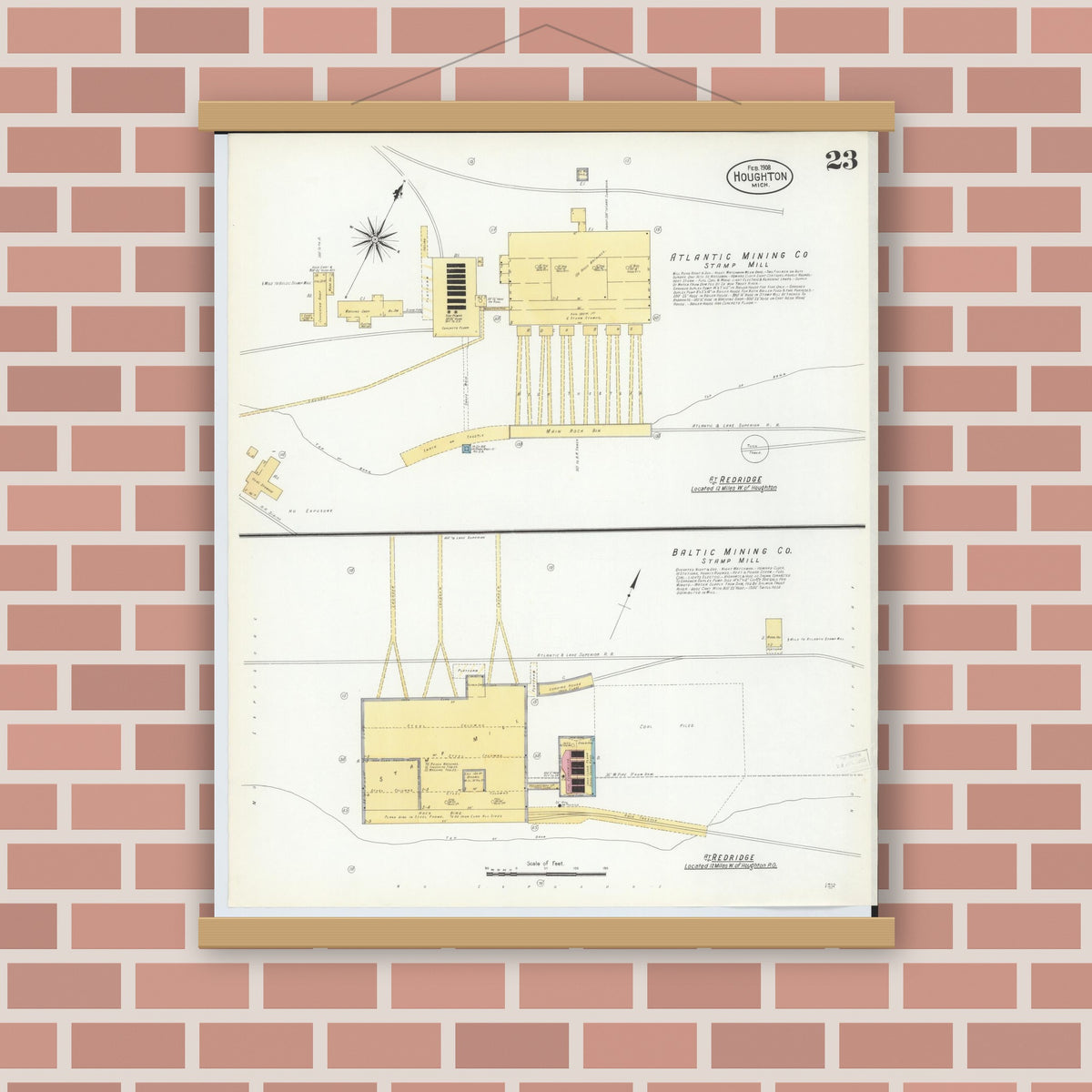 Old map wall art mockup — magnetic wood frame on brick wall — Sanborn Fire Insurance Map from Houghton, Houghton County, Michigan (1908), Sheet #0023
