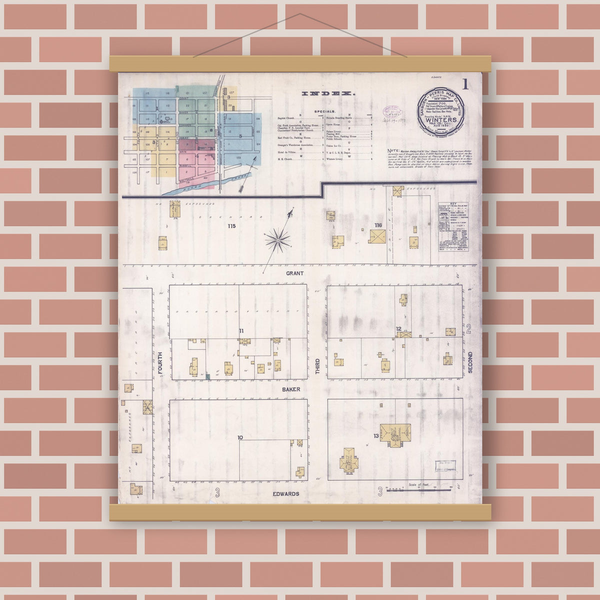 Old map wall art mockup — magnetic wood frame on brick wall — Sanborn Fire Insurance Map from Winters, Yolo County, California (1893) - Complete Map Set