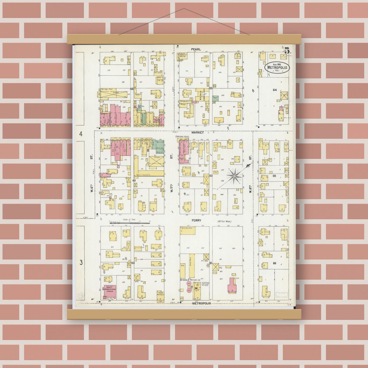 Old map wall art mockup — magnetic wood frame on brick wall — Sanborn Fire Insurance Map from Metropolis, Massac County, Illinois (1902), Sheet #0005