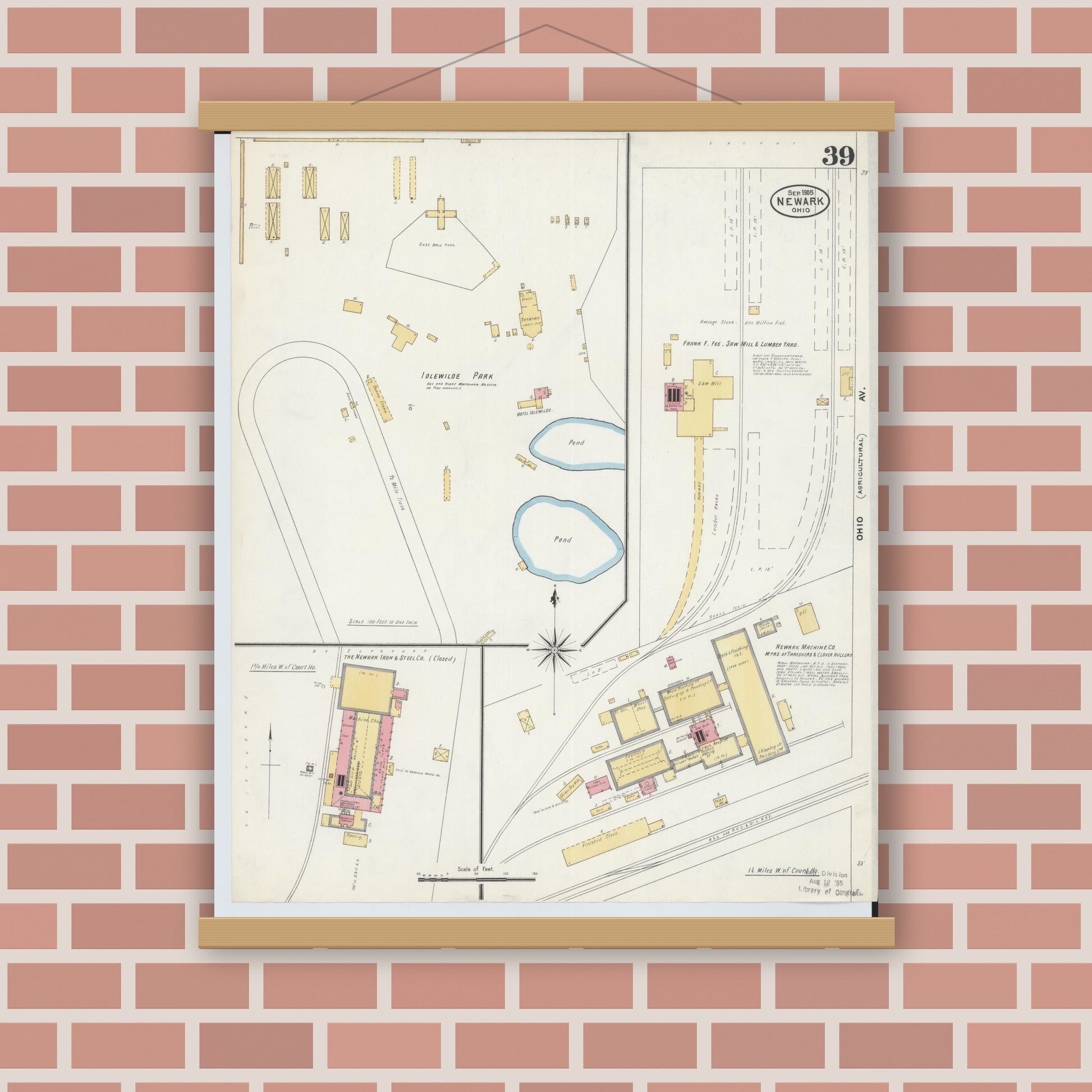 Old map wall art mockup — magnetic wood frame on brick wall — Sanborn Fire Insurance Map from Newark, Licking County, Ohio (1905), Sheet #0039