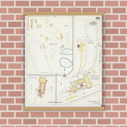 Old map wall art mockup — magnetic wood frame on brick wall — Sanborn Fire Insurance Map from Newark, Licking County, Ohio (1905), Sheet #0039