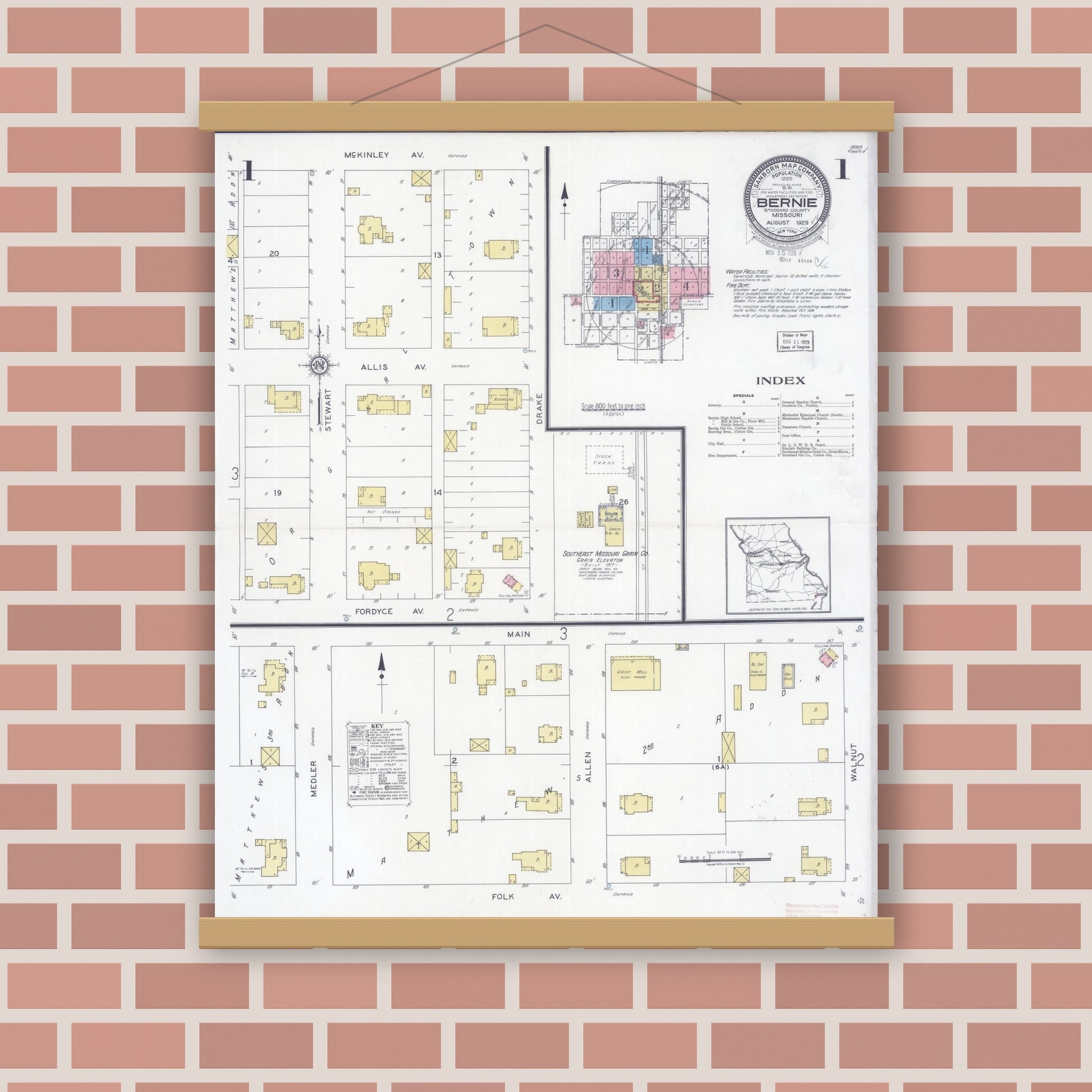Old map wall art mockup — magnetic wood frame on brick wall — Sanborn Fire Insurance Map from Bernie, Stoddard County, Missouri (1929) - Complete Map Set