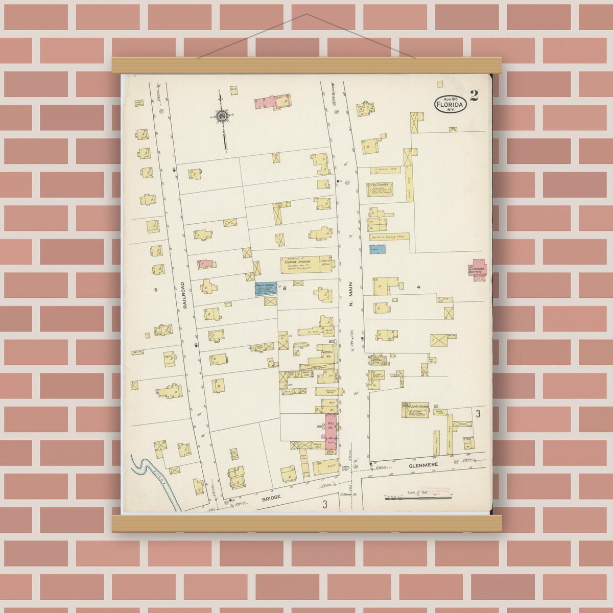 Old map wall art mockup — magnetic wood frame on brick wall — Sanborn Fire Insurance Map from Florida, Orange County, New York (1915), Sheet #0002