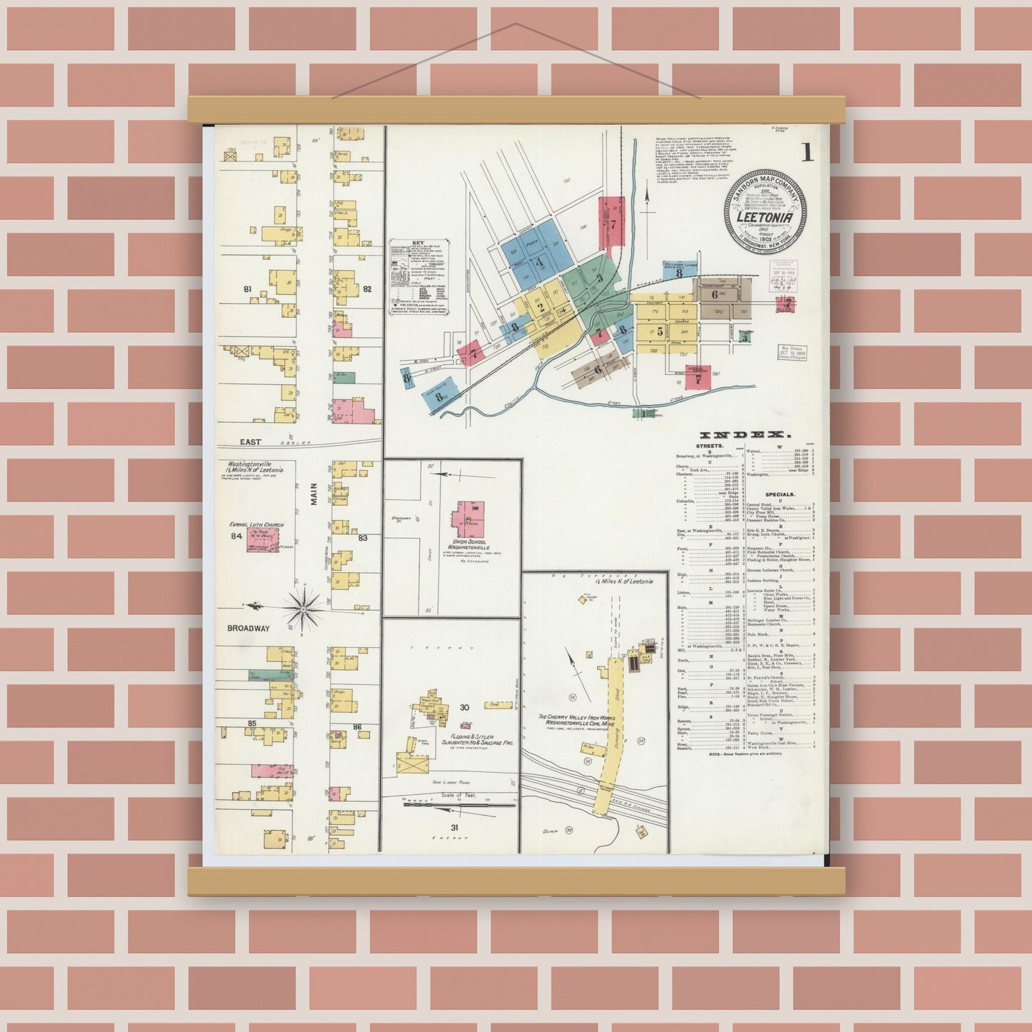 Old map wall art mockup — magnetic wood frame on brick wall — Sanborn Fire Insurance Map from Leetonia, Columbiana County, Ohio (1903) - Complete Map Set