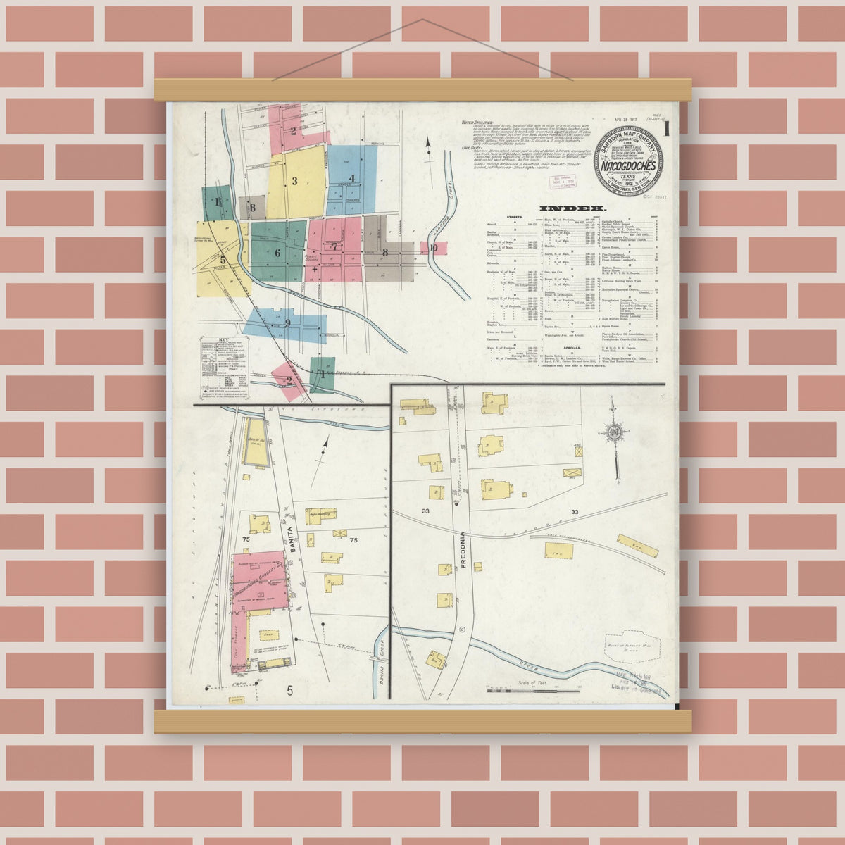 Old map wall art mockup — magnetic wood frame on brick wall — Sanborn Fire Insurance Map from Nacogdoches, Nacogdoches County, Texas (1912) - Complete Map Set
