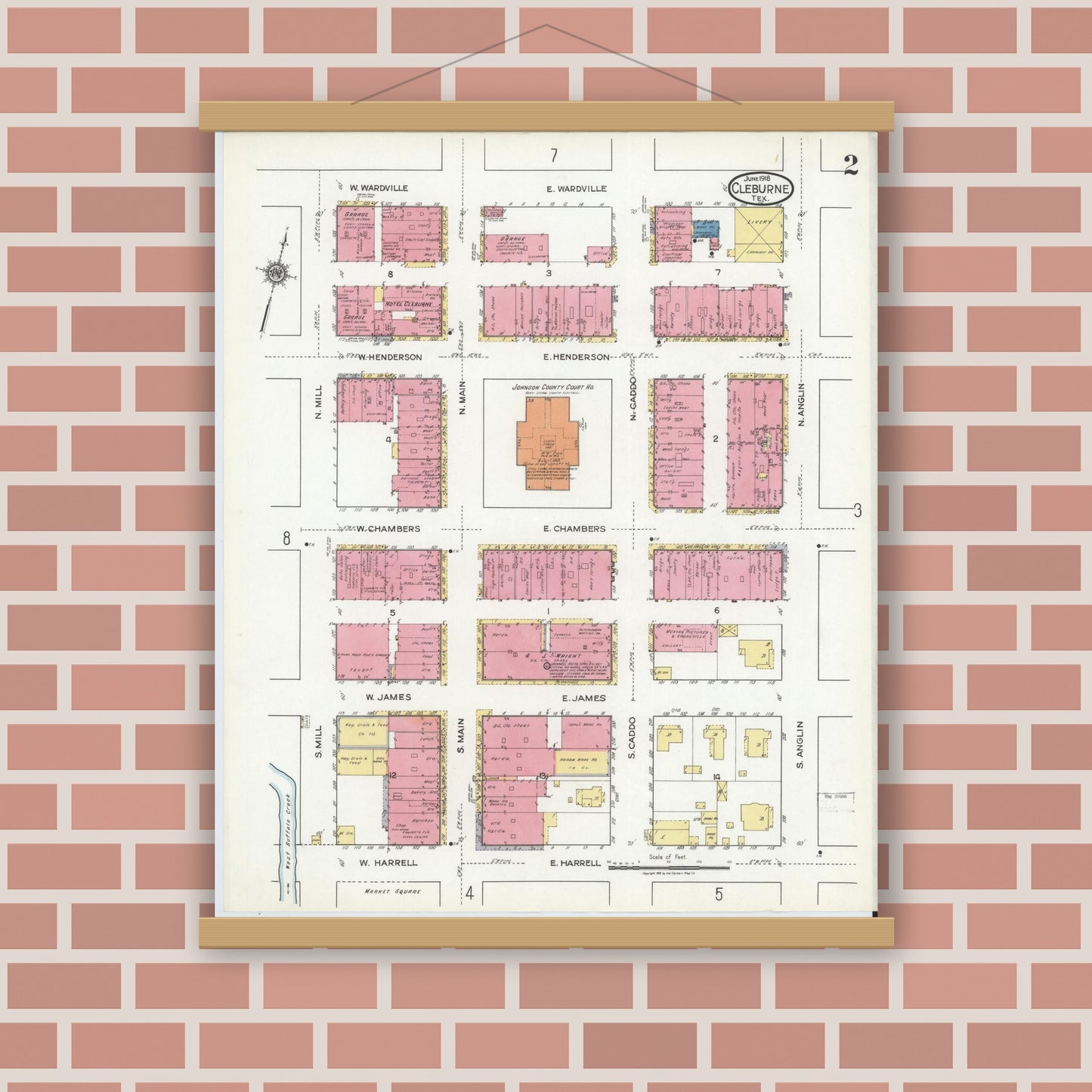 Old map wall art mockup — magnetic wood frame on brick wall — Sanborn Fire Insurance Map from Cleburne, Johnson County, Texas (1918), Sheet #0002