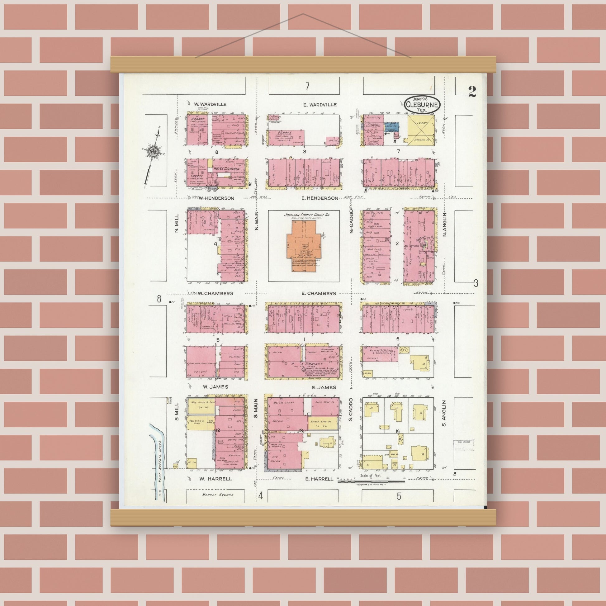 Old map wall art mockup — magnetic wood frame on brick wall — Sanborn Fire Insurance Map from Cleburne, Johnson County, Texas (1918), Sheet #0002