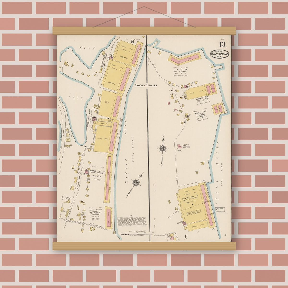 Old map wall art mockup — magnetic wood frame on brick wall — Sanborn Fire Insurance Map from Haverstraw, Rockland County, New York (1921), Sheet #0013