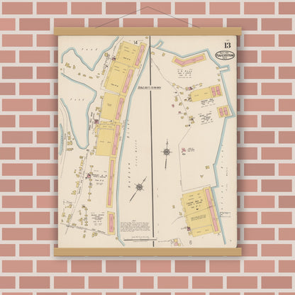 Old map wall art mockup — magnetic wood frame on brick wall — Sanborn Fire Insurance Map from Haverstraw, Rockland County, New York (1921), Sheet #0013