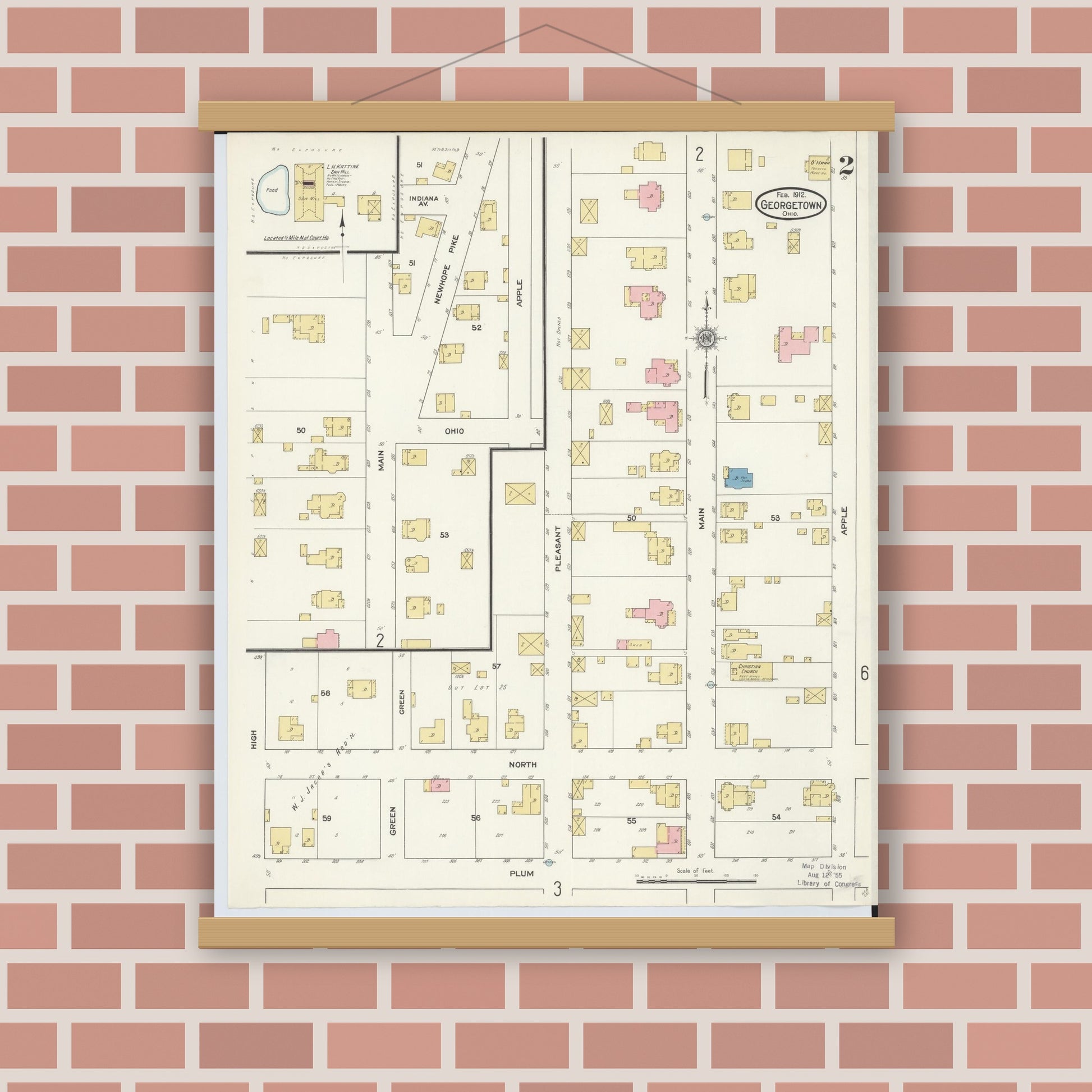 Old map wall art mockup — magnetic wood frame on brick wall — Sanborn Fire Insurance Map from Georgetown, Brown County, Ohio (1912), Sheet #0002