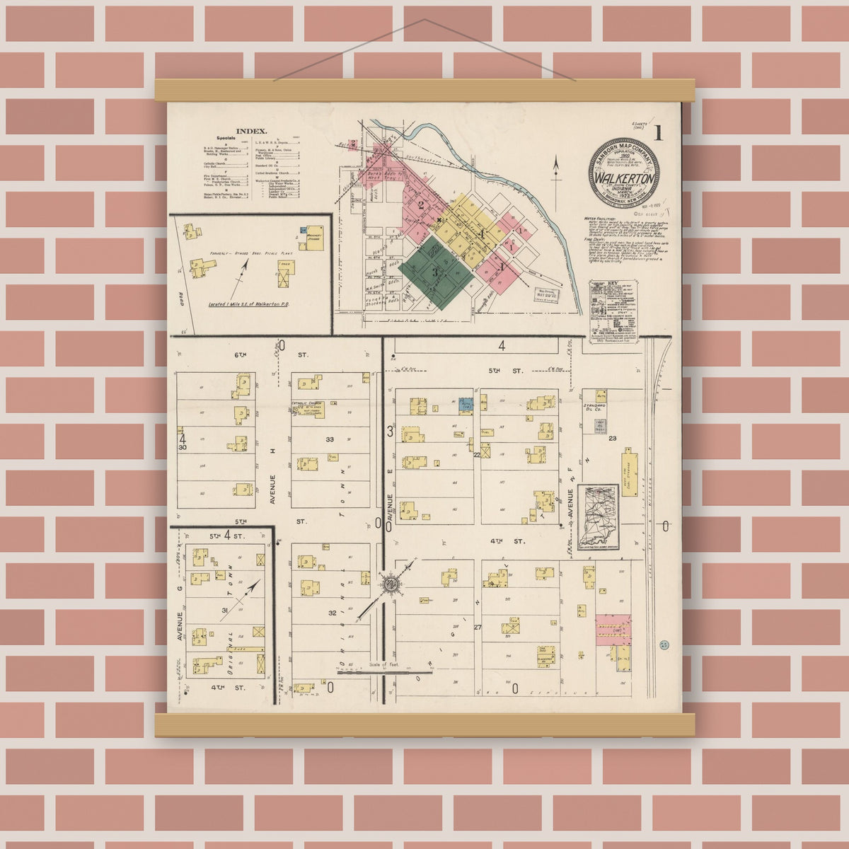 Old map wall art mockup — magnetic wood frame on brick wall — Sanborn Fire Insurance Map from Walkerton, Saint Joseph County, Indiana (1922), Sheet #0001