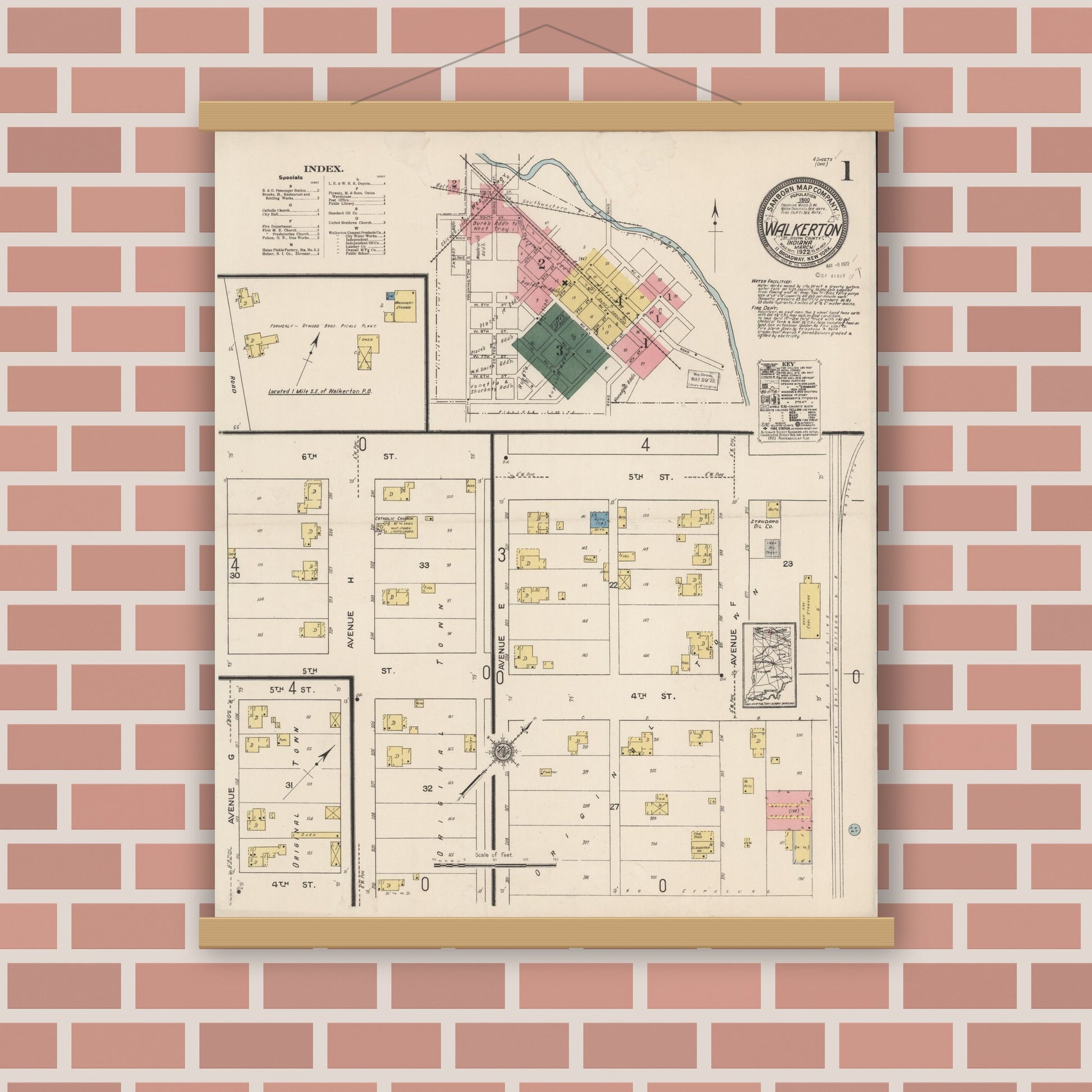 Old map wall art mockup — magnetic wood frame on brick wall — Sanborn Fire Insurance Map from Walkerton, Saint Joseph County, Indiana (1922), Sheet #0001