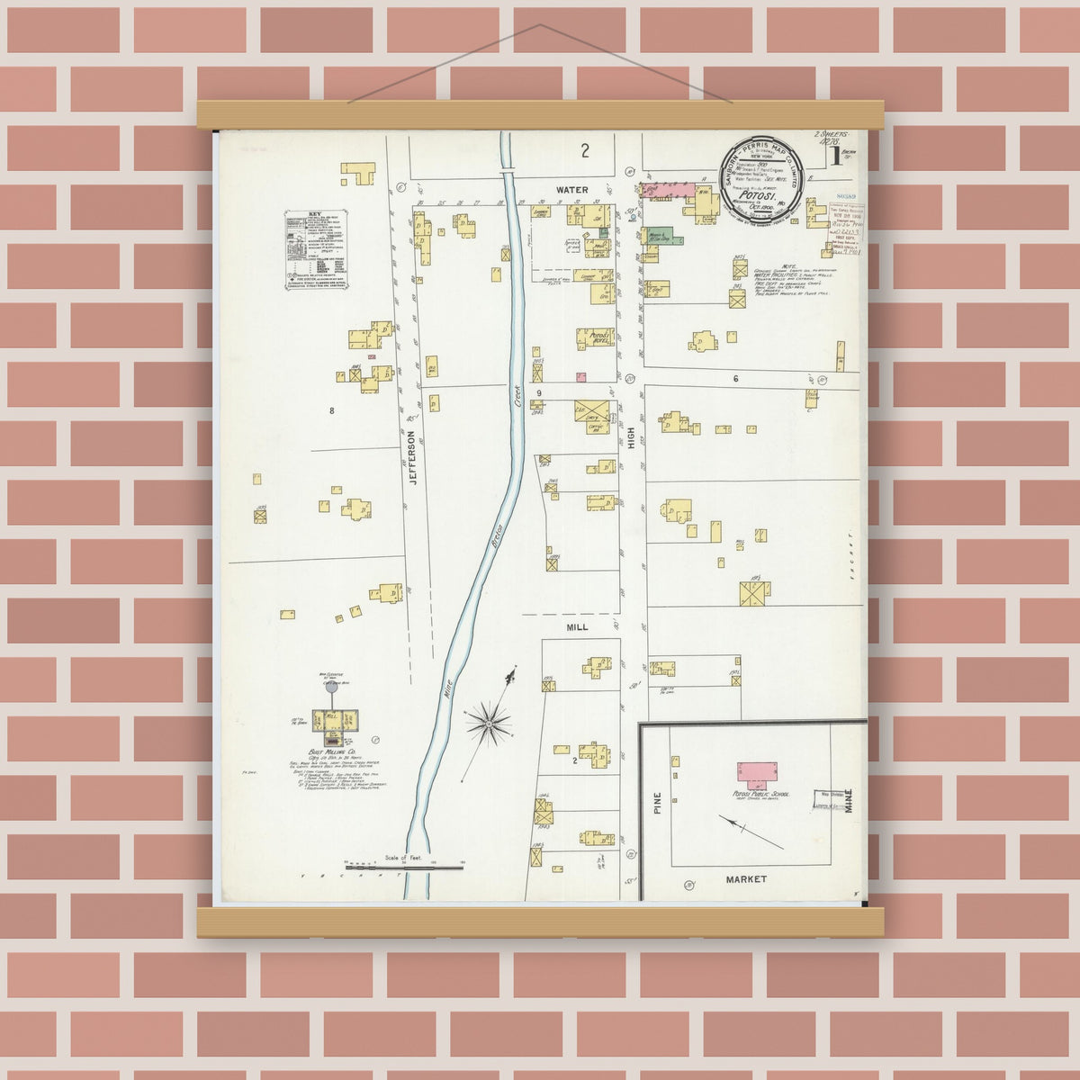 Old map wall art mockup — magnetic wood frame on brick wall — Sanborn Fire Insurance Map from Potosi, Washington County, Missouri (1900), Sheet #0001
