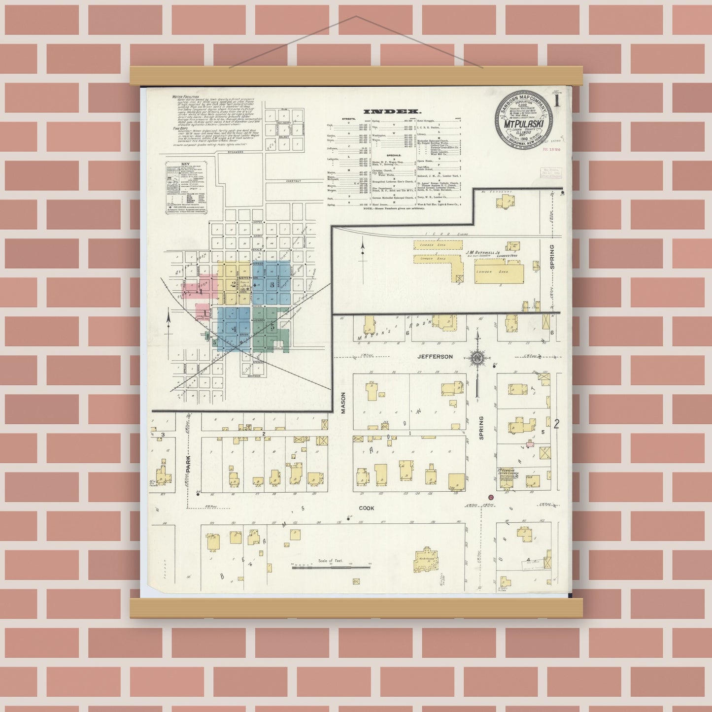 Old map wall art mockup — magnetic wood frame on brick wall — Sanborn Fire Insurance Map from Mount Pulaski, Logan County, Illinois (1910) - Complete Map Set