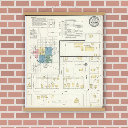 Old map wall art mockup — magnetic wood frame on brick wall — Sanborn Fire Insurance Map from Mount Pulaski, Logan County, Illinois (1910) - Complete Map Set