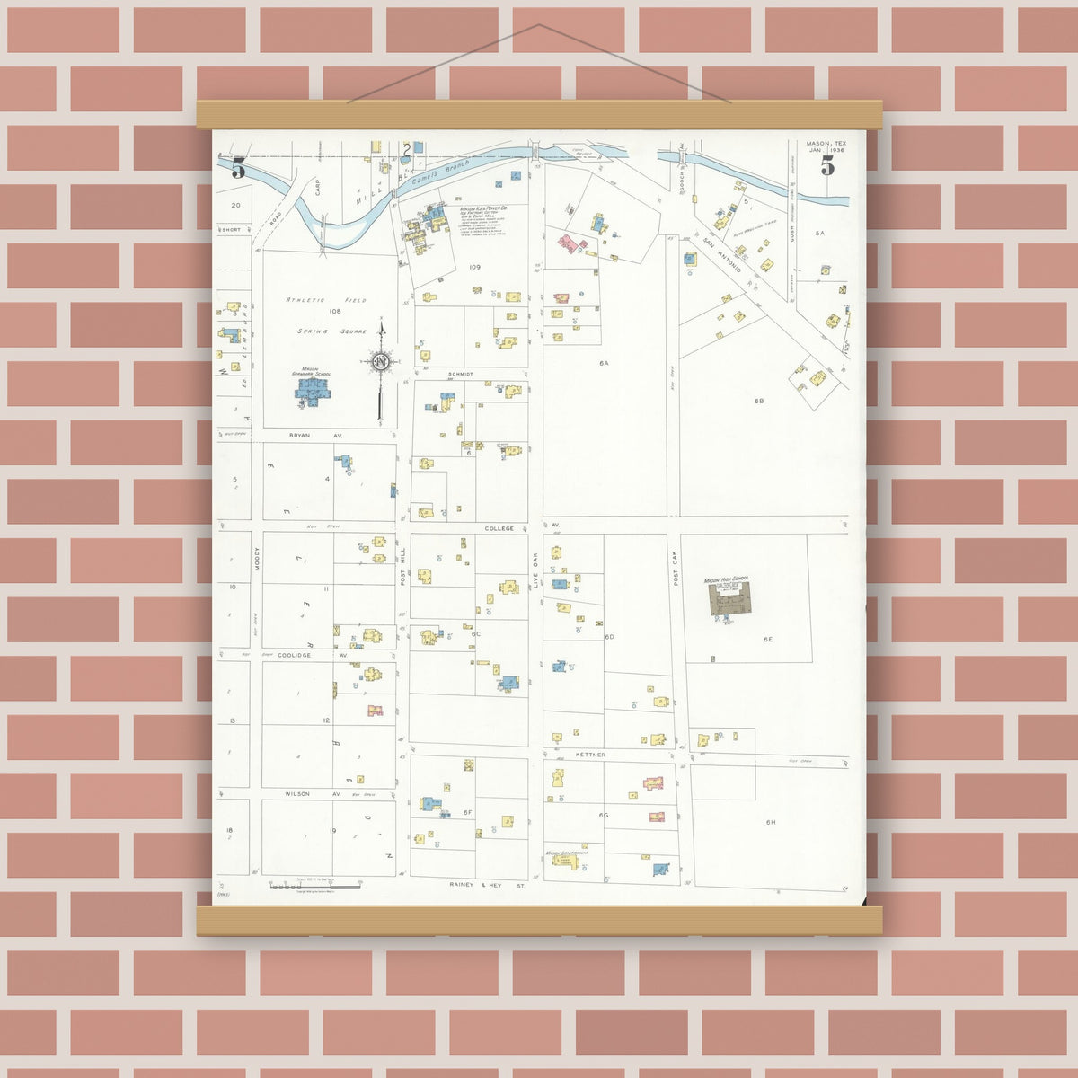 Old map wall art mockup — magnetic wood frame on brick wall — Sanborn Fire Insurance Map from Mason, Mason County, Texas (1936), Sheet #0005