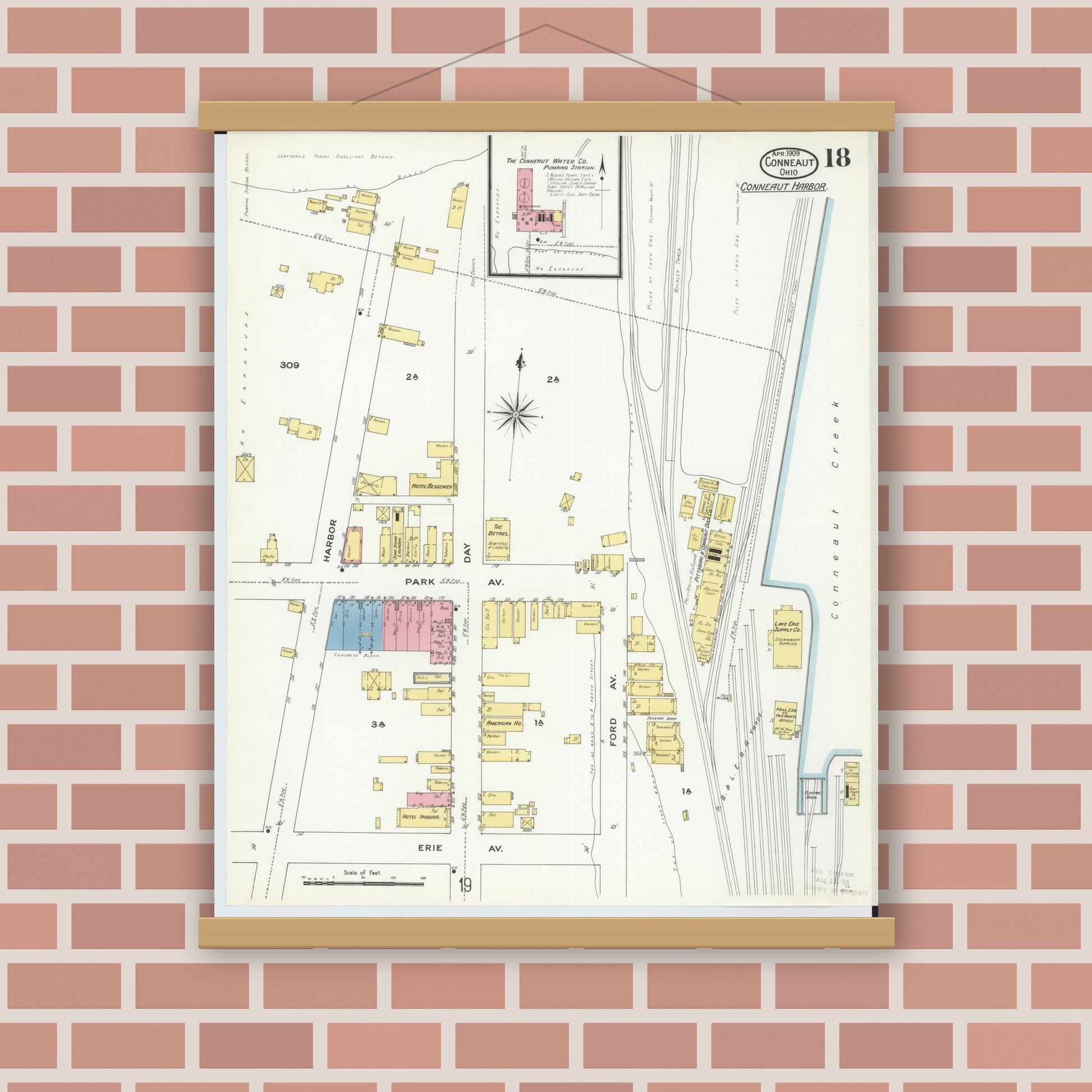 Old map wall art mockup — magnetic wood frame on brick wall — Sanborn Fire Insurance Map from Conneaut, Ashtabula County, Ohio (1909), Sheet #0018