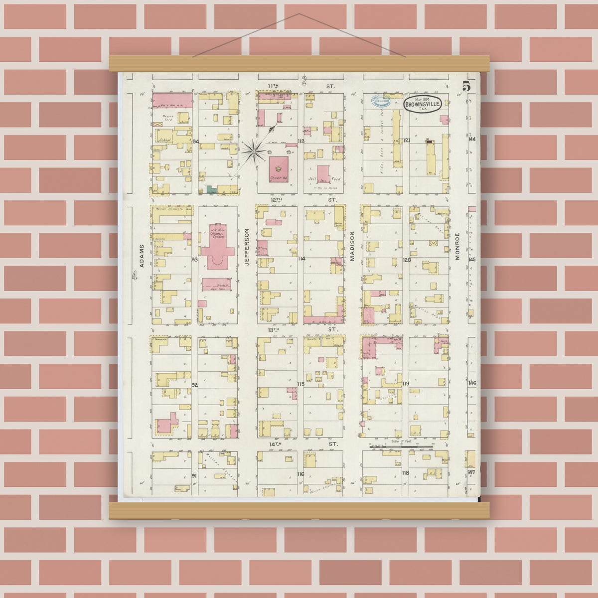 Old map wall art mockup — magnetic wood frame on brick wall — Sanborn Fire Insurance Map from Brownsville, Cameron County, Texas (1894), Sheet #0005