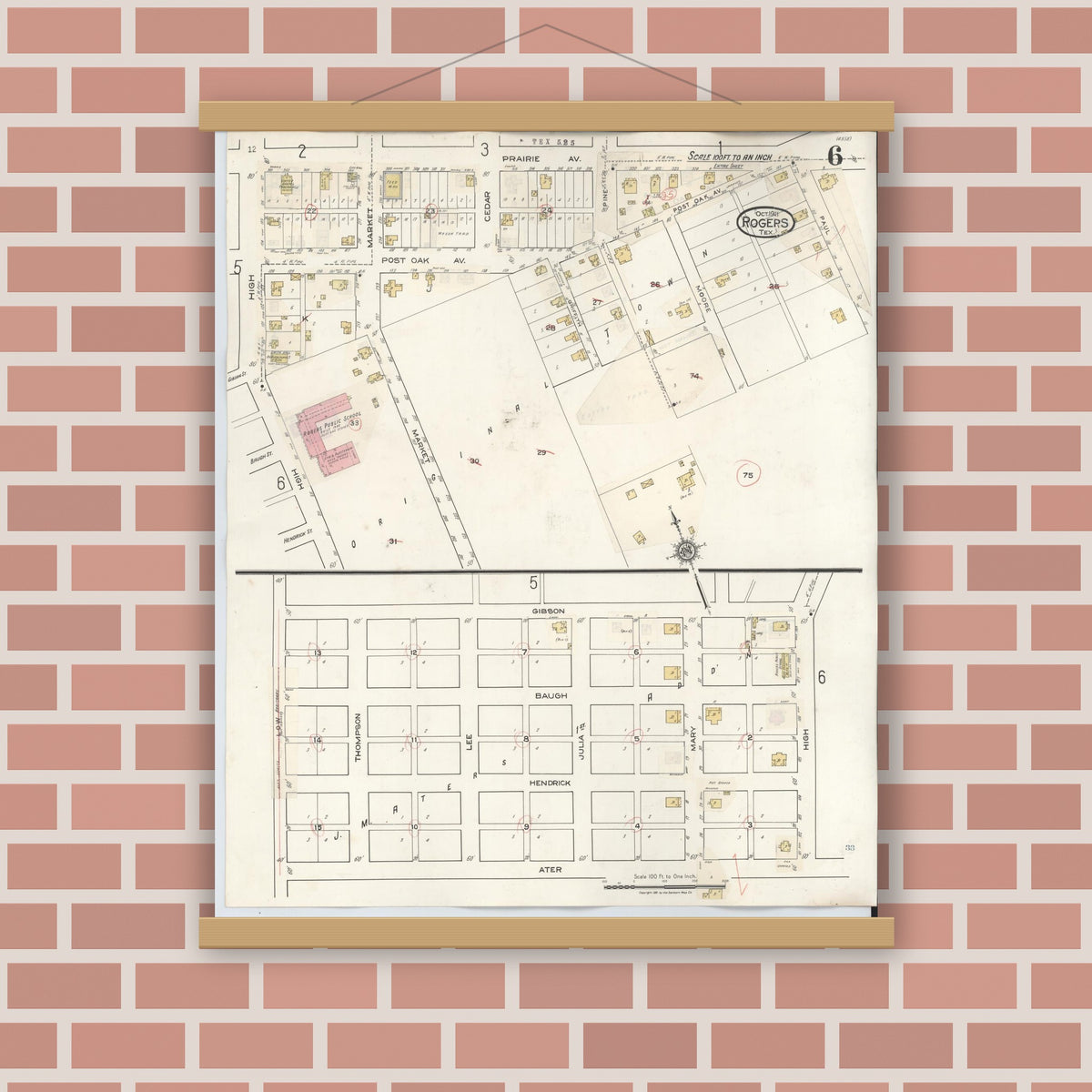 Old map wall art mockup — magnetic wood frame on brick wall — Sanborn Fire Insurance Map from Rogers, Bell County, Texas (1944), Sheet #0006