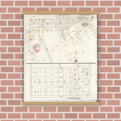 Old map wall art mockup — magnetic wood frame on brick wall — Sanborn Fire Insurance Map from Rogers, Bell County, Texas (1944), Sheet #0006