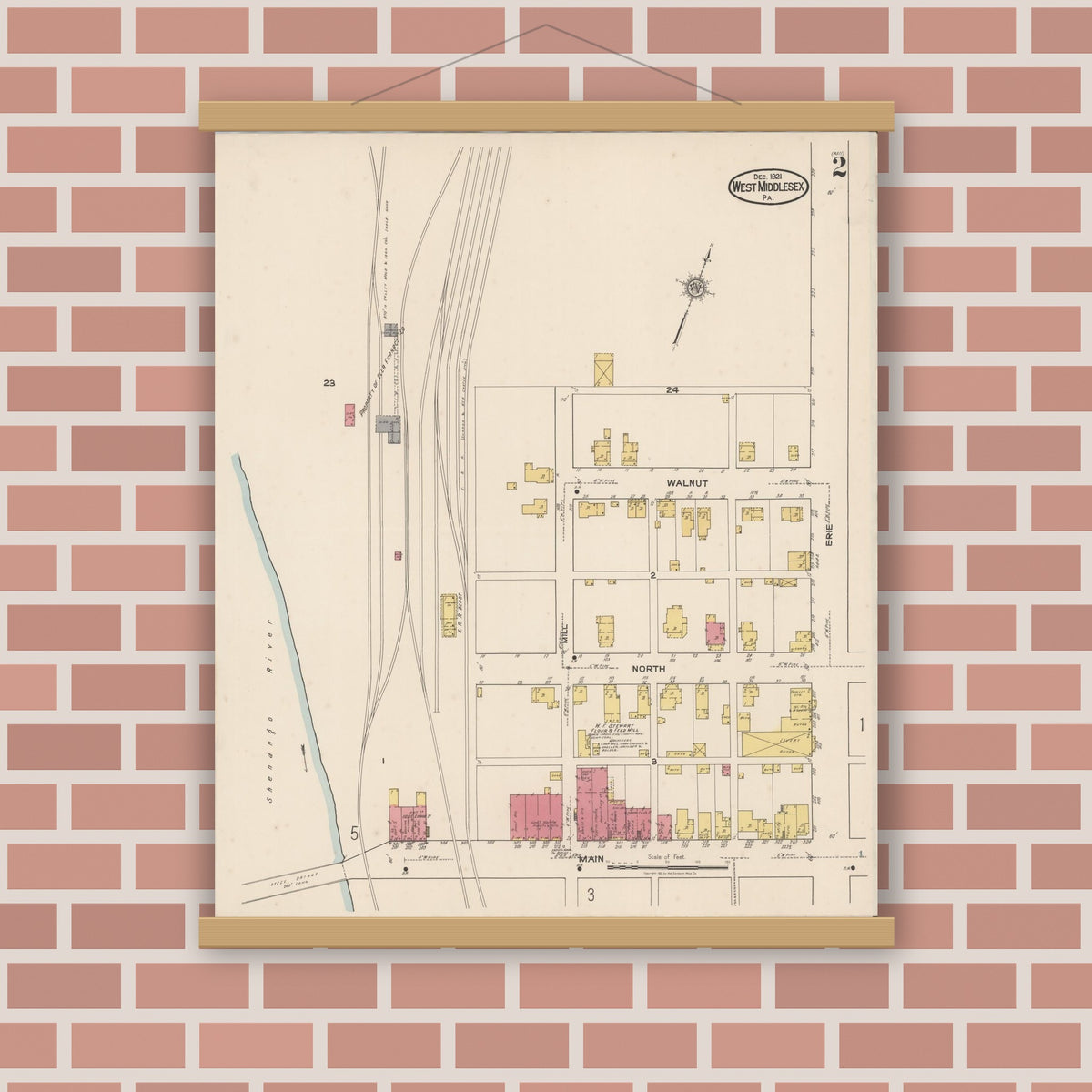 Old map wall art mockup — magnetic wood frame on brick wall — Sanborn Fire Insurance Map from West Middlesex, Mercer County, Pennsylvania (1921), Sheet #0002
