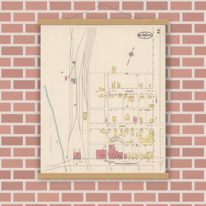 Old map wall art mockup — magnetic wood frame on brick wall — Sanborn Fire Insurance Map from West Middlesex, Mercer County, Pennsylvania (1921), Sheet #0002
