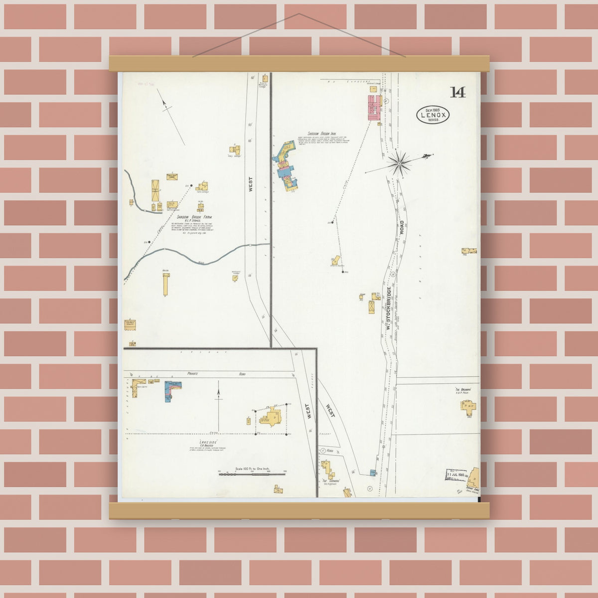 Old map wall art mockup — magnetic wood frame on brick wall — Sanborn Fire Insurance Map from Lenox, Berkshire County, Massachusetts (1905), Sheet #0014