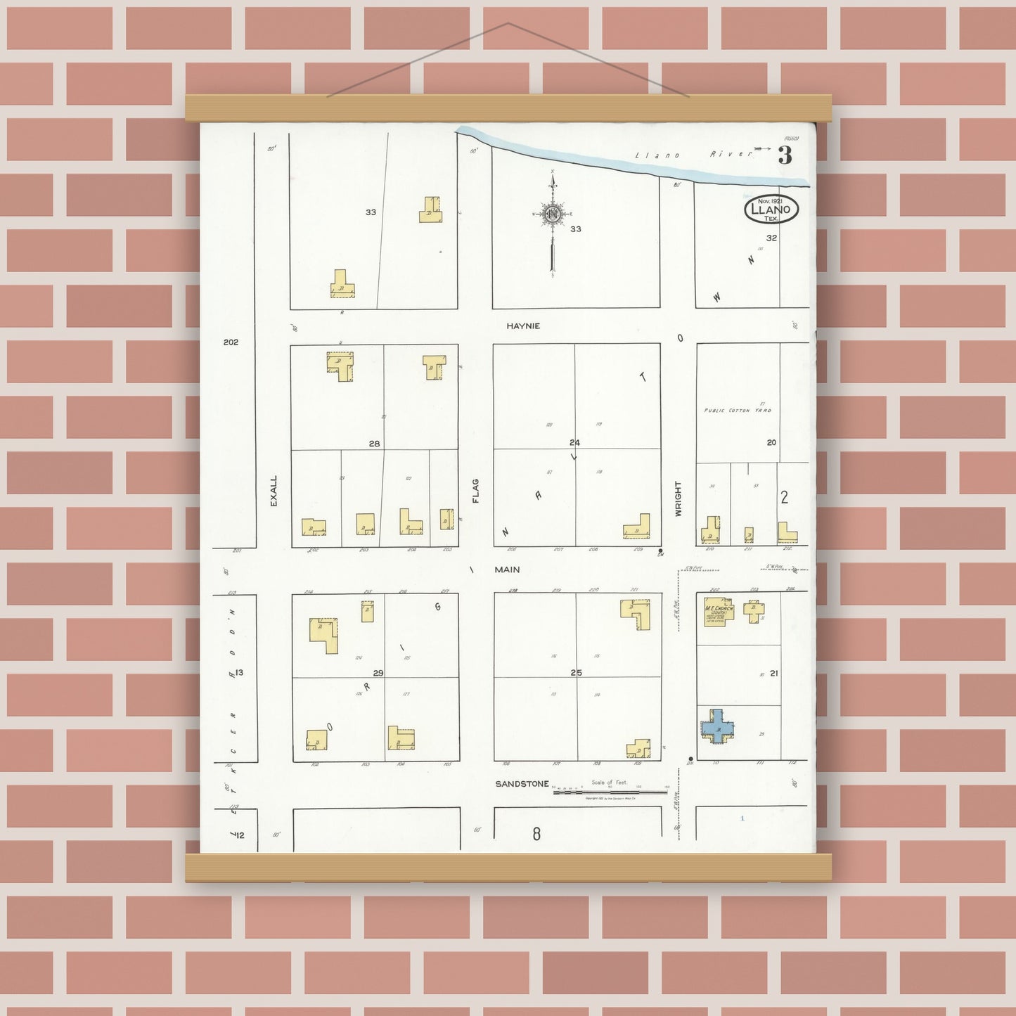 Old map wall art mockup — magnetic wood frame on brick wall — Sanborn Fire Insurance Map from Llano, Llano County, Texas (1921), Sheet #0003