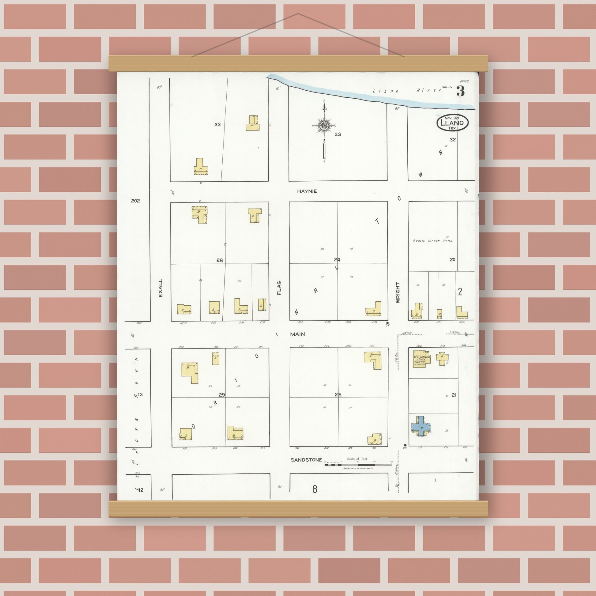 Old map wall art mockup — magnetic wood frame on brick wall — Sanborn Fire Insurance Map from Llano, Llano County, Texas (1921), Sheet #0003