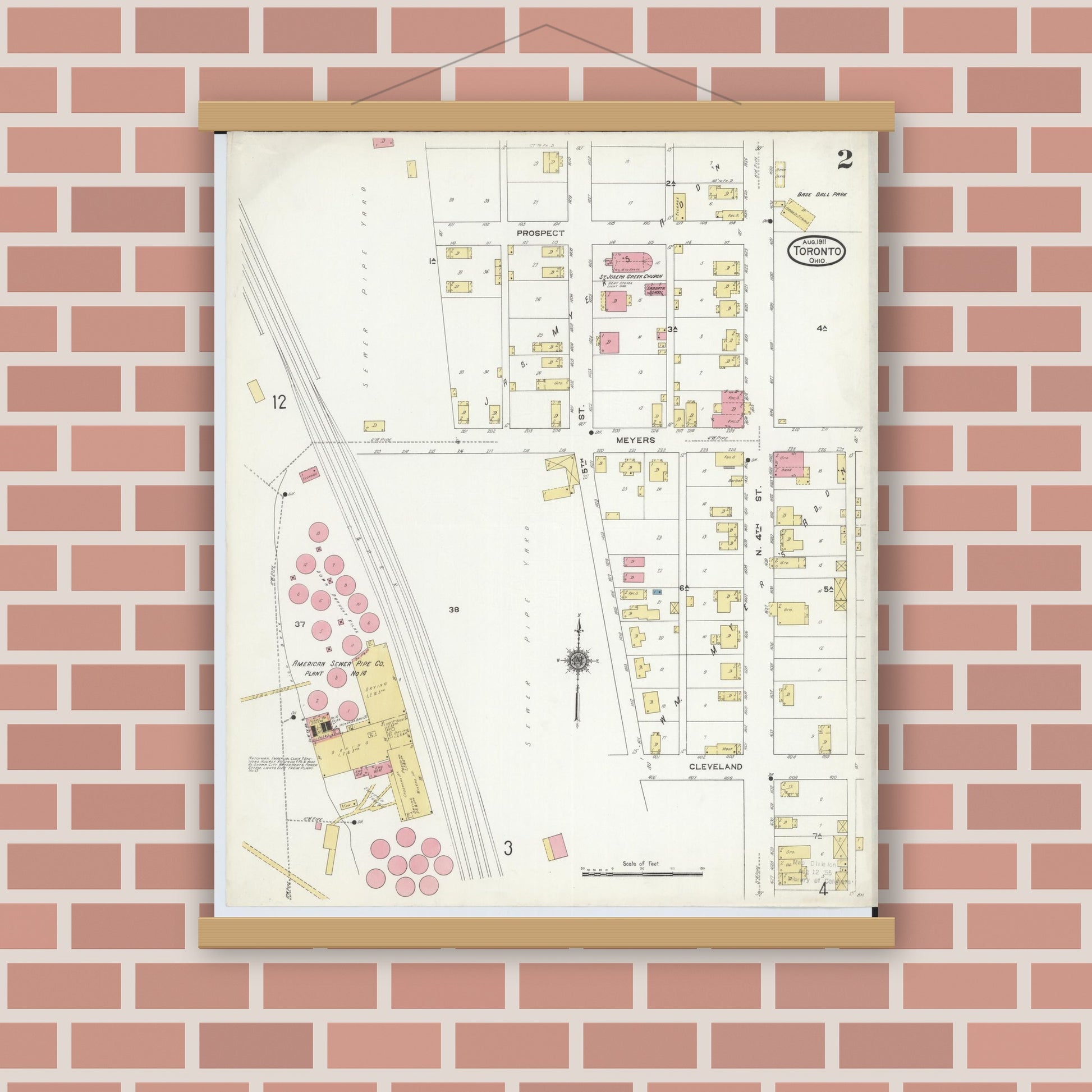 Old map wall art mockup — magnetic wood frame on brick wall — Sanborn Fire Insurance Map from Toronto, Jefferson County, Ohio (1911), Sheet #0002