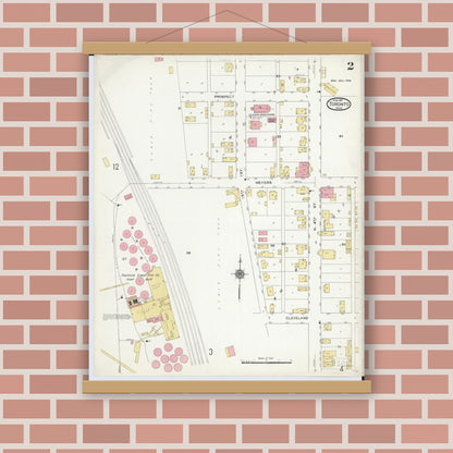 Old map wall art mockup — magnetic wood frame on brick wall — Sanborn Fire Insurance Map from Toronto, Jefferson County, Ohio (1911), Sheet #0002
